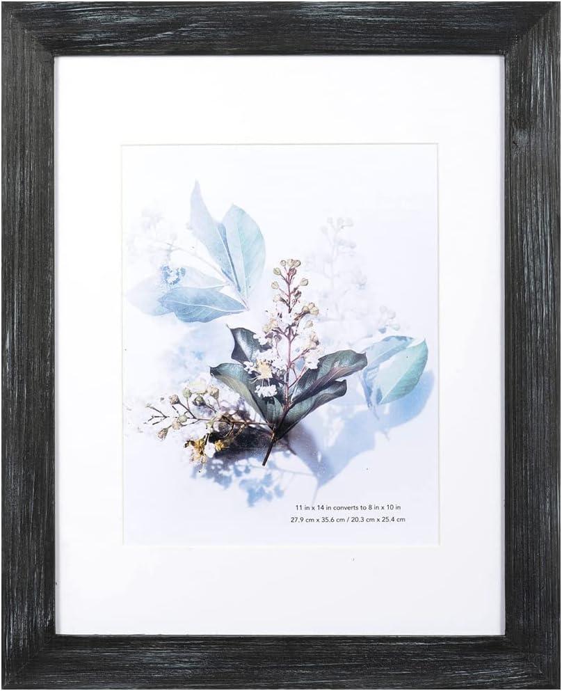 KAIWIN 100% Solid Wood Black 11x14 Picture Frame 1 Pack Display Picture 8x10 with Mat, HD Glass Inside, Rustic Wooden Photo Frames for Wall Mounting