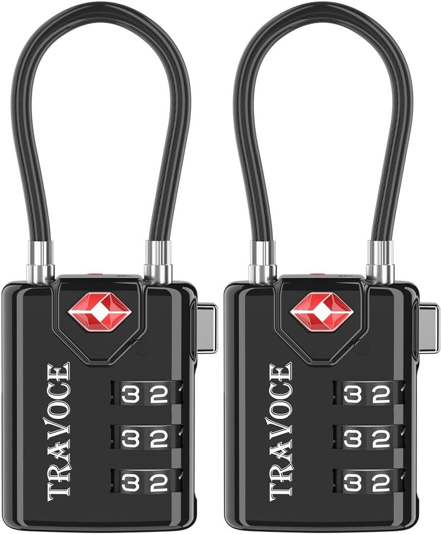 TRAVOCE TSA Approved Luggage Locks - Heavy Duty 3 Digit Combination Cable Lock, Search Alert for Suitcases, Backpacks, Golf Bags, Tents, Violin and Camera Cases, 2 Pack, Black (1.4*0.72*3.54 in)