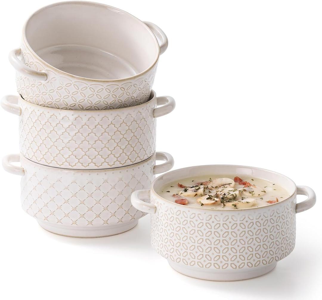 DOWAN Soup Bowls with Handles, Oven Safe French Onion Soup Bowls, 26 oz Large Soup Bowl for Chilli, Beef Stew, Ceramic Soup Crocks Set of 4, Microwave & Dishwasher Safe