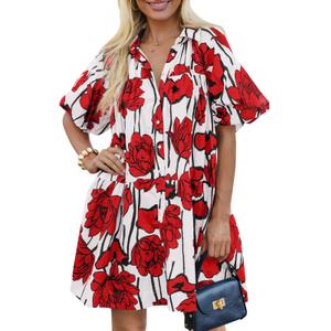 Skoinvb Women's Summer Short Puff Sleeve Floral Dress Button Down Loose Fit Casual Shirt Dresses Red XXL (White, XXL)