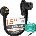 1.5 ft 10AWG 4 Prong to 3 Prong Dryer Adapter, 4 to 3 Prong Dryer Plug Adapter, NEMA 10-30P to 14-30R with Green Ground Wire, 30A 250V 7500W, Heavy Duty STW for Old Dryers, ETL Listed, Black