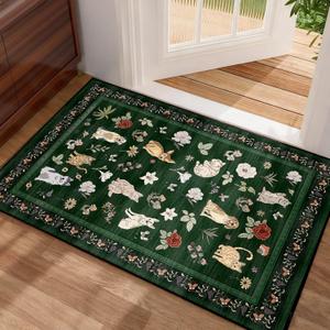 Animal Cat Dog Floral Entryway Rug 2X3 Small Area Rugs Washable Door Mat Soft Low Pile Non-Slip Kitchen Rugs Stain Resistant Indoor Throw Rug for Entrance, Bedroom, Kitchen, Laundry, Bathroom Green