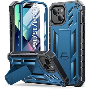 SOiOS for iPhone 13/14/15 Phone Case: for iPhone 16e Protective Cover with Built-in Kickstand | Heavy Duty Military Grade Hard Protection Shock Proof | Durable Dual-Layer Design Blue
