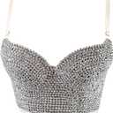 Women's Bustier Crop Top Mesh Corset Top Push up Rhinestone Diamond Bra Club Party Vest (Medium, #2 Silver & Beige)
