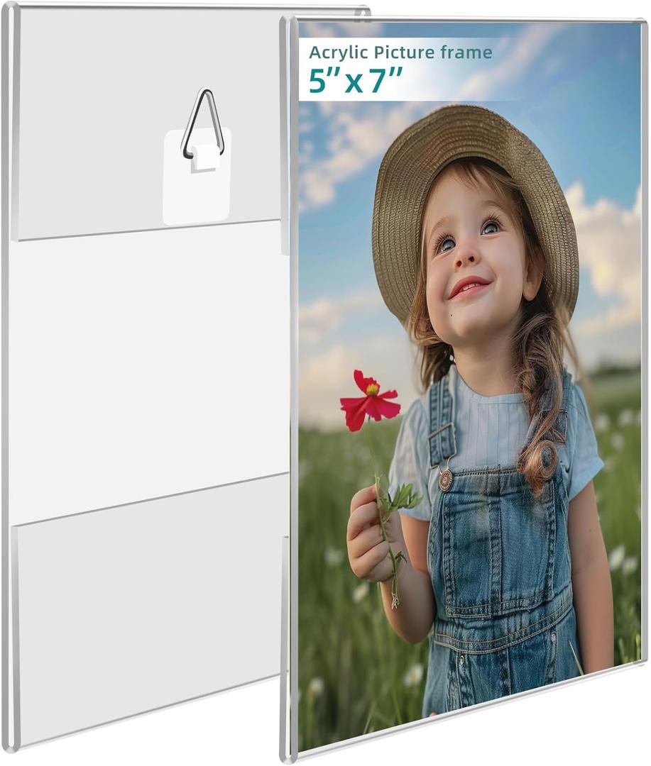 Bluesun 5x7 Picture Frame set of 2 pack Acrylic Picture Frame - transparent 5x7 Frames Wall Hanging Vertical, Frameless Clear Frame Various Decorative Style