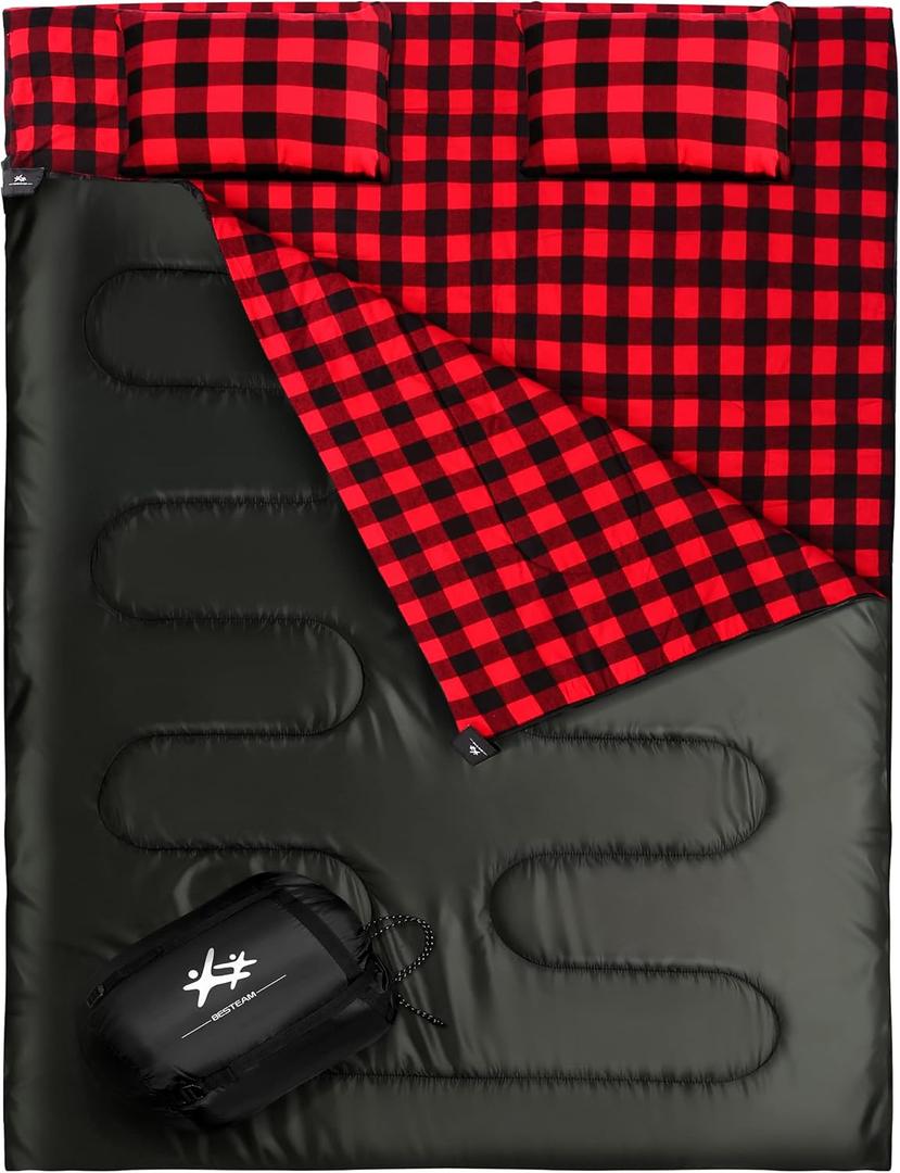 Double Sleeping Bag Flannel for Adults Kids, Queen Size for 2 Person with 2 Pillows, Warm & Cold Weather Sleeping Bag for Camping, Hiking, Waterproof Lightweight with Compression Sack (Black)