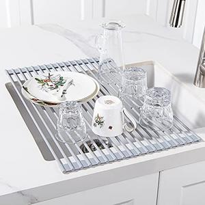 U-Taste Roll Up Dish Drying Rack 20.4 by 13 Inches, Over The Sink Foldable Multipurpose Silicone Dish Drainer Warm Gray, Large