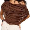 SweatyRocks Women's Off The Shoulder Tops Ruched Draped Mesh Asymmetrical Top Short Sleeve Going Out Shirts, M