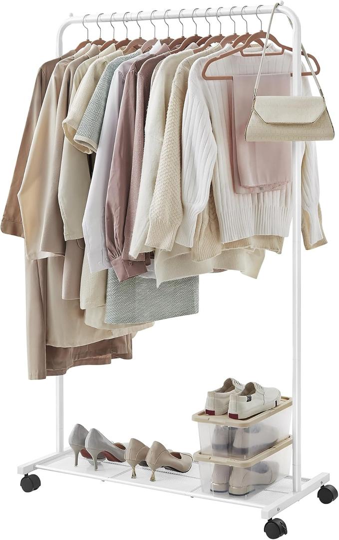 SONGMICS Clothes Rack with Wheels, Clothing Rack for Hanging Clothes, 25.4 mm Metal Garment Rack with Dense Mesh Storage Shelf, 110 lb Load Capacity, 2 Brakes, Cloud White UHSR025W01