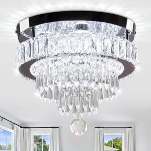 11.8" Modern LED Crystal Chandelier-Flush Mount Ceiling Light Fixture with K9 Crystals,Stainless Steel Small Chandelier for Bedroom Dining Room Hallway Entryway Foyer Closet,Energy Efficient 6500K (MC002-Cool)