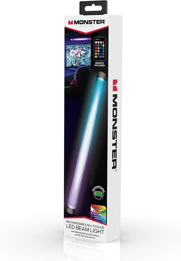 Monster Rechargeable Multi-Color Beam Light Bar With Suction Mount, Includes Multi-White and Dimmable Light Effects, Customize Using Remote Control, DIY Installation, Micro-USB Charging Cable Included
