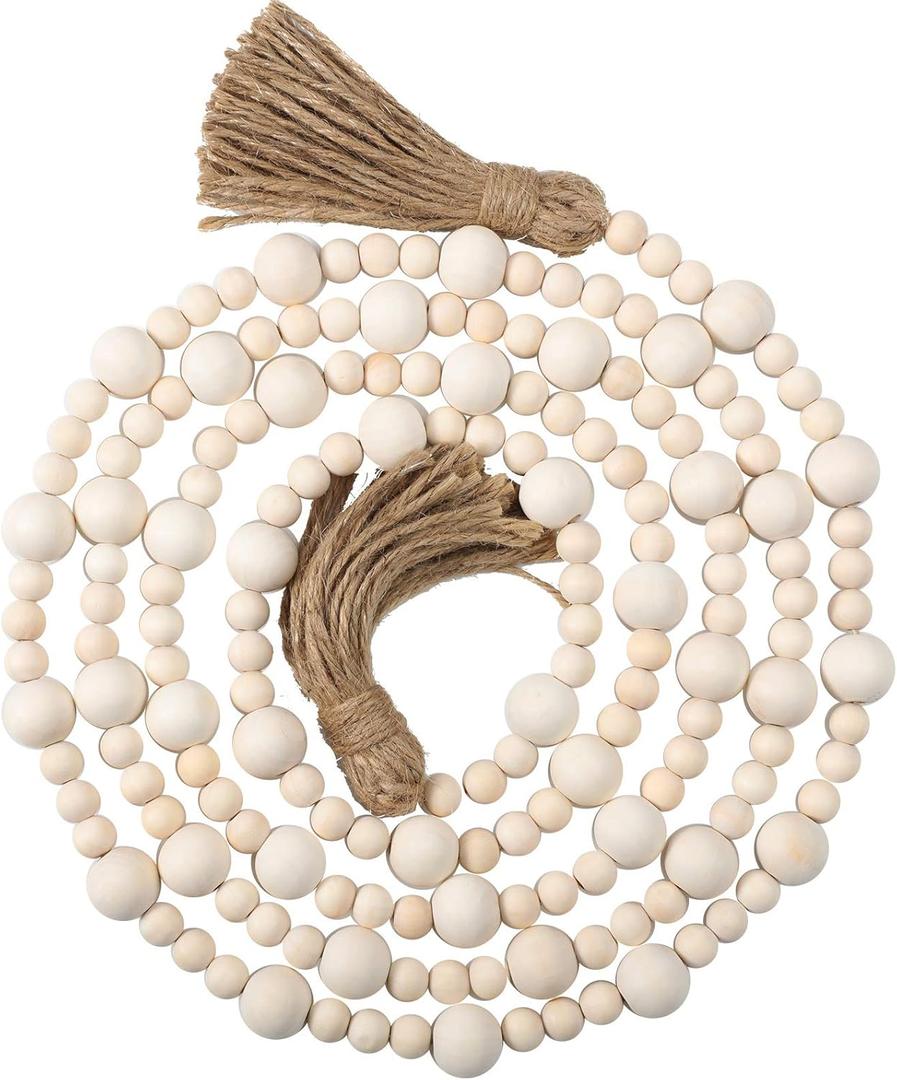Jetec 7.9 Feet Wood Beaded Garlands with Tassels Christmas Hanging Ornaments Boho Farmhouse Decor Xmas Rustic Wooden Beads Garland for Christmas Table Wall Hanging Decor(Wood Color)