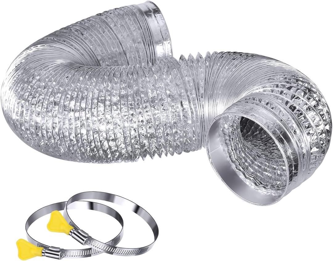 Heavy Duty 4"Flexible Dryer Vent Exhaust Duct Hose 16 Feet Long, Extra Thick(6-ply) Aluminum Foil HVAC Ducting Kit with 2 Key Hose Clamps
