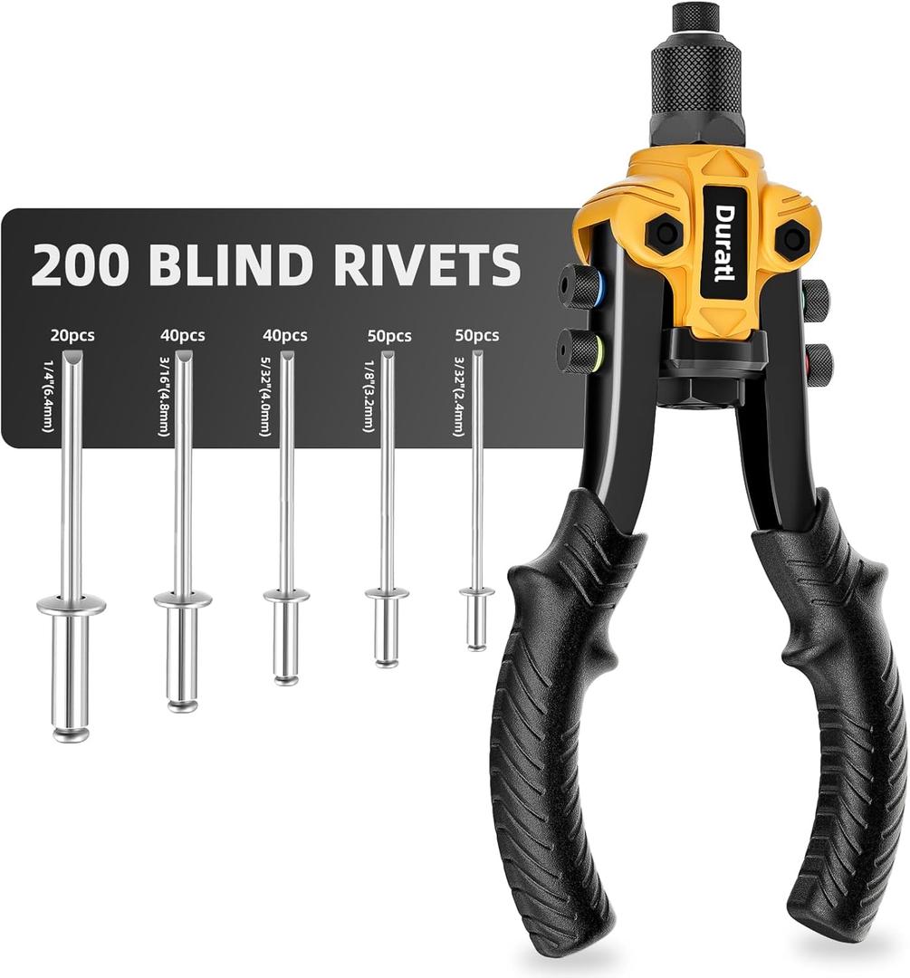 Rivet, 1/4 Pop Rivet Kit with 200 Blind Rivets, 5 Interchangeable Rivet Heads (3/32", 1/8", 5/32", 3/16", 1/4"), Heavy Duty Hand Riveter Tool for Metal, Gutter & Automotive (Yellow)
