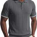 PRIVIMIX Mens Knit Texture Polo Shirts Sweater Short Sleeve Casual Polo Shirts with Button for Summer Golf (L)