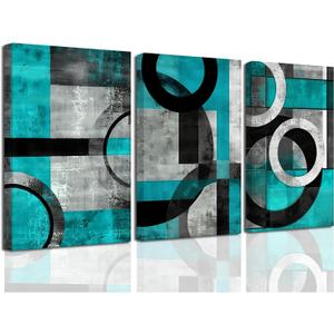 SWQYLB Teal Abstract Wall Art Blue and Gray Canvas Print 3 Pieces Abstract Geometric Circle Black Gray Painting for Home Office Decor Framed (Teal, 16.00" x 24.00" x 3PCS)