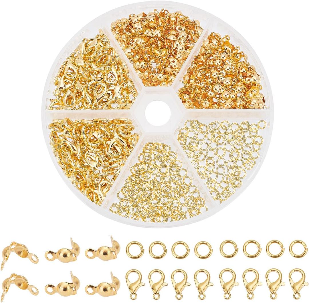 PH PandaHall 500pcs Jewelry Making Accessory Set 200pcs 4mm 21 Guage Open Jump Ring 100pcs 12x6mm Lobster Claw Clasp 200pcs 7mm Bead Tips Knot Covers for Earring Bracelet Jewelry Making, Gold