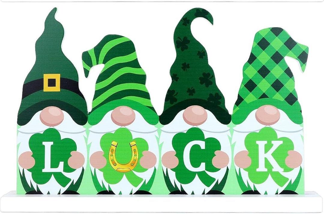 Reversible Valentines Day Decoration/St Patricks Day Decorations Wooden Sign, Double-sided Festive Gnomes LOVE LUCK Wooden Sign Valentines Day Table Centerpiece for Home Mantle Shelf Office Decor
