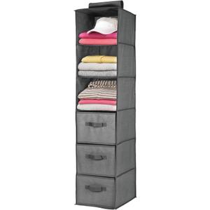 Long Soft Fabric Over Closet Rod Hanging Storage Organizer with 3 Shelves and 3 Drawers for Clothes, Leggings, Lingerie, T Shirts - Textured Print - Charcoal Gray