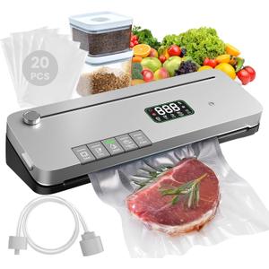 Food Vacuum Sealer Machine, 75KPa Strong Suction, Digital Timer, Built-in Cutter, Pulse Function, Dry & Moist Modes, External Vacuum for Jars & Containers, 20 Vacuum Sealer Bags Included (Gray Black)