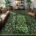 9x12 Dark Green Vintage Floral Area Rug,Washable Large Boho Living Room Rugs,Botanical Print Non-Slip Stain Resistant Lightweight Carpet for Bedroom Dining Room Nursery