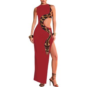 Women's Sleeveless Snake Printed Maxi Dress Sexy Hollow Out High Slit Bodycon Long Dress Evening Gown Party Dress (Red, S)