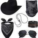 HOVEOX 6 Pieces Cowboy Costume Outfit for Men Women Hat Scarf Accessories Set for Halloween Cosplay (Black)