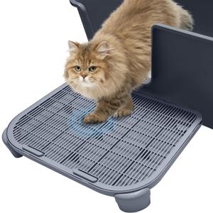 Elevated Litter Box Ramp/Steps for Kittens & Old Cats, 19.7"x15.8"x3.6",Washable Litter Catcher Stairs for Automatic Litter Box,XL Double Layer Cat Litter Mat with Filter,Easy to Clean(Grey)