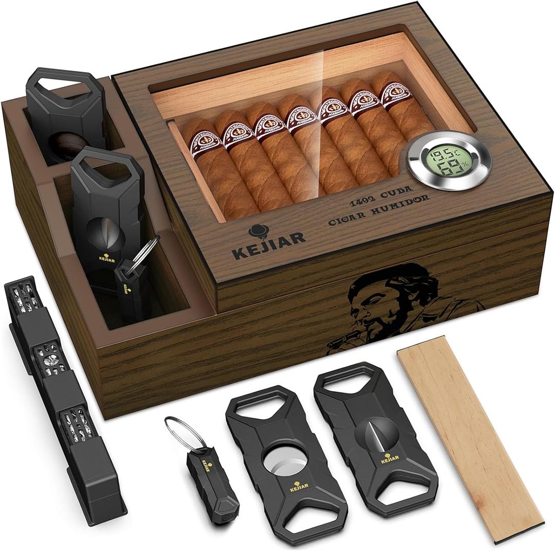 KEJIAR Cigar Humidor with 2 Side Cigar Accessories Boxes,Glass Top Cedar Small Cigar Humidor with Cigar Cutter,V-Cutter, Humidifier and Digital Hygrometer, Cigar Gifts for Men