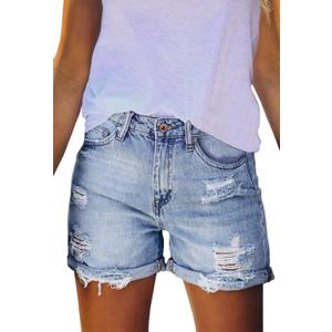 Pink Queen Women's High Waisted Denim Shorts Casual Ripped Summer Hot Short Jeans Frayed Distressed Jeans Shorts with Pockets (Blue, L)