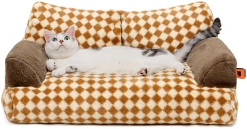 MEWOOFUN Cat Bed for Indoor Cats, Washable Dog Beds for Small Medium Dogs & Cats, Fluffy Cat Couch with Non-Slip Bottom, 26×19×13 Inch (Brown, 26.0" L x 19.0" W x 13.0" Th)