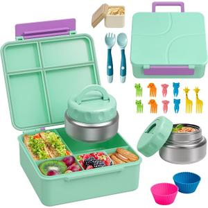 Bento Lunch Box with 9.5 oz Soup Thermo, Kids Leakproof 4 Compartments Bento Box with Silicone Cupcake,Fruit Fork,Spoon and Sauce Cup,Insulated Food Jar for School Travel-Green