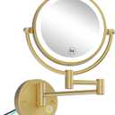 8" Hardwired Brass Wall Mount Makeup Mirror with Lights and Magnification 1X/5X, Double Sided 3-Colors LED Touch Control Extended Arm 360 Rotation Cosmetic Mirror for Bathroom Brushed Gold