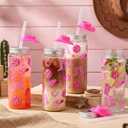 LemonRoad 12 Pcs Western Cowgirl Cowboy Plastic Tumbler with Lids and Cowboy Hat Straws 14.2 oz Pink Beer Iced Coffee Cups Reusable Can Cups for Women Disco Party Favors Gifts