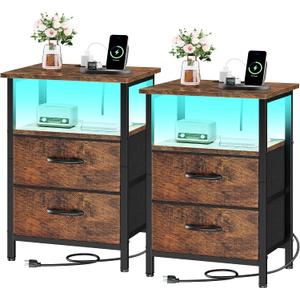 Vagusicc Nightstands Set of 2 Charging Station, End Tables with LED Lights, Bedside Table with 2 Fabric Drawers & Storage Shelves, 24.2" Tall Side Table Night Stand Set 2 for Bedroom, Rustic Brown, 2 Pieces