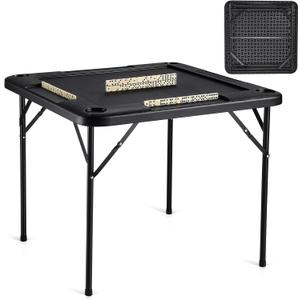 VEVOR Folding Card Table, 4 Player Portable with 4 Cup Holders & Chip Trays, Mahjong Domino Game Set, 35.4 x 35.4-inch, Black, 35.43 x 35.43 x 29.13 inches