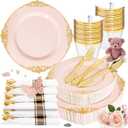 Nervure 175PCS Pink Plastic Plates - Disposable Pink Gold Party Plates & Pre Rolled Napkins with Cutlery for 25 Guests, 50Plates, 75Silverware, 25Cups, 25Napkin for Wedding & Party & Mothers Day