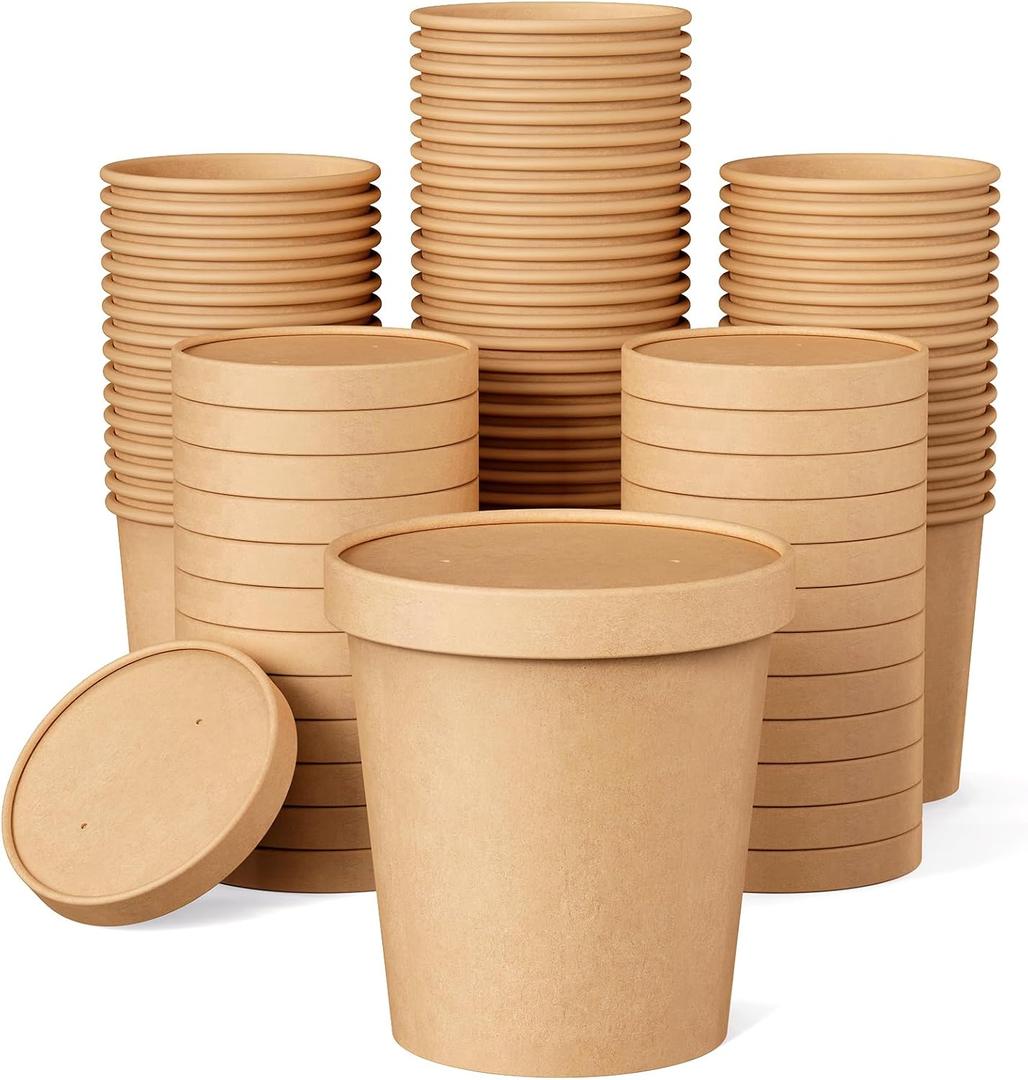 JOLLY PARTY 50pack 16oz Paper Soup Containers with Lids, Disposable Paper Food Cups, Ice Cream Cups, Food Storage with Lids, Microwavable and freezer safe, Suitable for Christmas Thanksgiving (Brown)