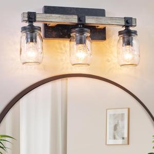 3-Light Bathroom Light Fixtures, Black Modern Wall Sconce, Farmhouse Vanity Lights with Clear Glass Mason Jar, Bathroom Light Wall Lamp for Mirror Kitchen Living Room Hallway Cabinet Porc