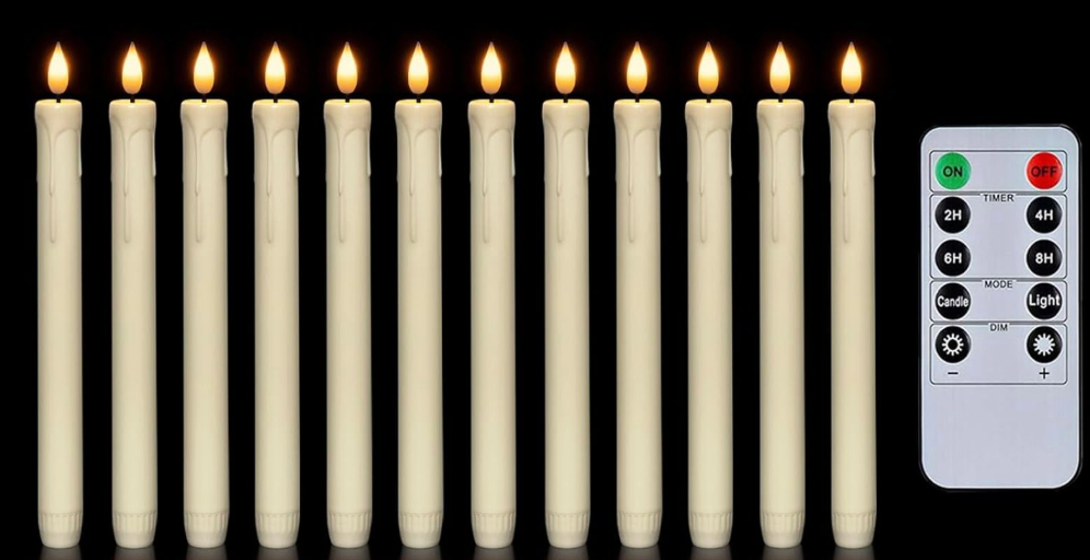 Homemory 12 Pcs Flameless Taper Candles with Remote, Timer, Dimmer, Plastic Battery Operated CandleSticks, Ivory Led Window Candles with Flickering Light, 9.6 Inches for Halloween Christmas Decoration