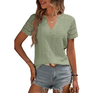 EVALESS Summer Tops for Women V Neck Short Sleeve Lace Eyelet Tops Dressy Casual Blouses 2026 Trendy, Medium