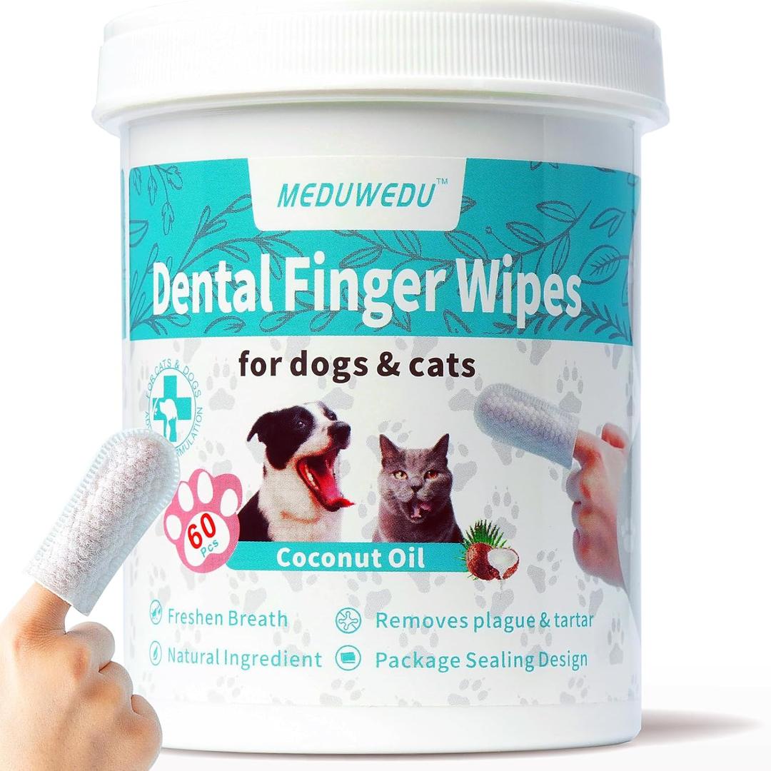 MEDUWEDU Dental Care Finger Wipes 60 Counts,Teeth Cleaning Finger Wipes for Dogs & Cats,Reduces Plaque & Supports Oral Freshness, Coconut Scent (1.5" 60pcs)