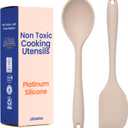 Non-Toxic Platinum Silicone Kitchen Utensil Set of 2  Non-Scratch Cooking Spoon & Spatula, 100% Plastic Free, Stainless Steel Core, Heat Resistant 500F, Beige