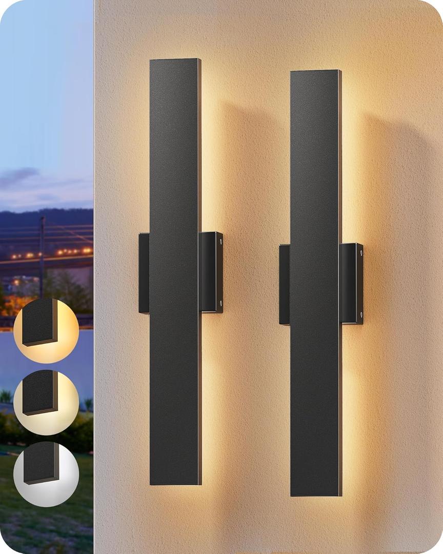 EDISHINE 2 Pack LED Outdoor Wall Lights Dimmable, 3000K 4000K 5000K, 15.7" Modern Black Outdoor Wall Sconce, IP65 Waterproof, Linear Exterior Wall Light for Entrance, Hallway, Garage, Porch