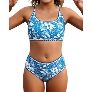 XUNYU Teen Girls Swimsuit 2 Piece Bathing Suit Tummy Control Girls' Swimwear High Waisted Bikini Sets Cute Floral Swim Suits (12-14 Years, Peacock Blue Swimsuits)