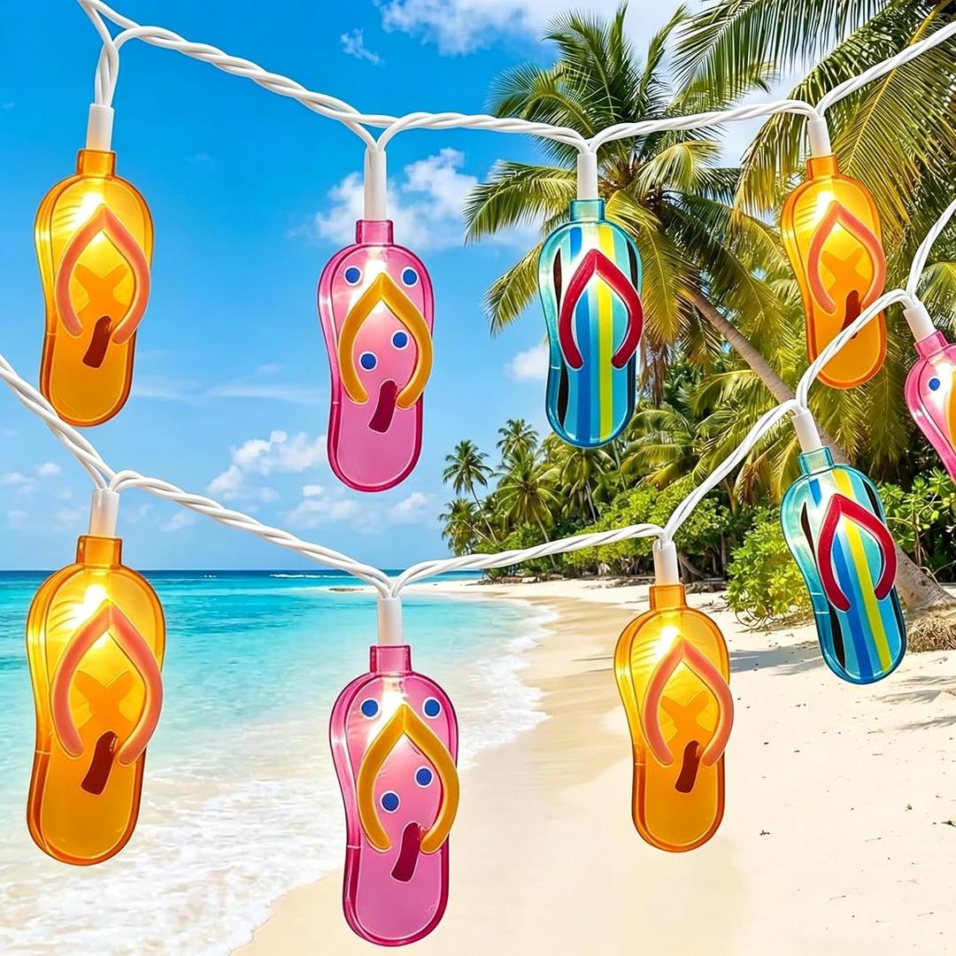 LED Tropical Beach Flip Flop String Lights, 8.5Ft Slipper String Lights Plug in with 10 Multicolor Bulbs, Summer Hawaiian Themed Decorative Lights Camping Tent Holiday Party Garden Outdoor Decor