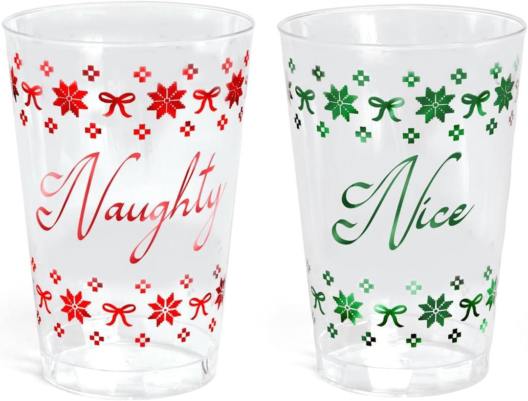xo, Fetti Naughty + Nice Plastic Cups | 30 pcs 12 oz | Red Christmas Drinkware, Green Xmas Decorations, Clear Holiday Party Drinks, Friedsmas