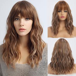 simkaylee Light Brown Wigs with Highlights for Women Synthetic 16 inch Medium Length Wigs with Bangs Natural Long Wavy Fringe wig Heat Resistant Hair for Daily Party Use (16 inch)