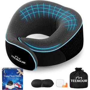 Upgraded Neck Pillow for Airplane Travel - 360 Support Stops Head Bobbing, Memory Foam Travel Pillow With Eye Mask & Earplugs, Portable Carry Bag for Long Flights/Car| Airplane Accessories Black