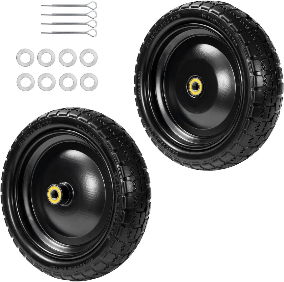13" Tire Compatible with Gorilla Cart, 4.00-6 Flat Free Solid Tire and Wheel (Solid Polyurethane) for Wagon,Wheelbarrow,Yard Trailers-5/8" Bearings,Offset Hub 2.1" (2 Pack)